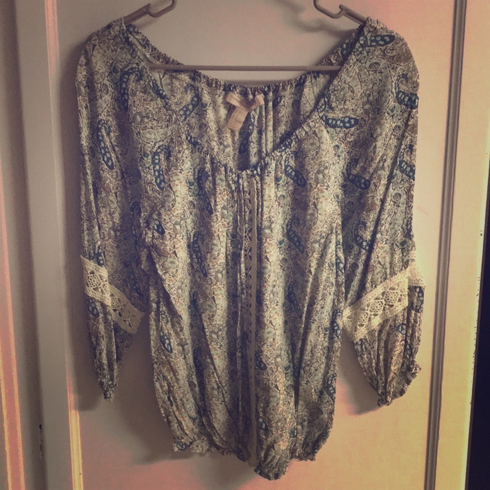 Forever 21 Cyan Patterned Long Sleeve Blouse Top S
